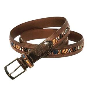 Vintage Columbia Brown Leather Belt Southwestern Woven Inlay Aztec Print 32 NWOT